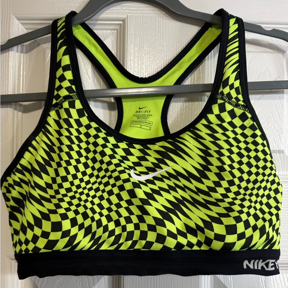 Nike dri-fit sports bra. T-back. Lg. Used condition. Bright green & black.